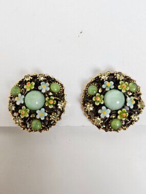 Vtg ART Arthur Pepper Floral Enamel Rhinestone Glass Green Blue Clip On Earrings